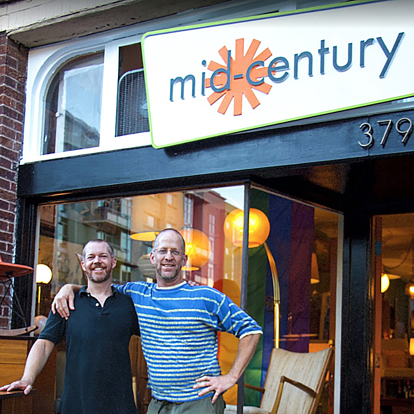 Picture of the he most recent owners Blake Macaluso and Dan Reeves, in front of Mid Century Store.